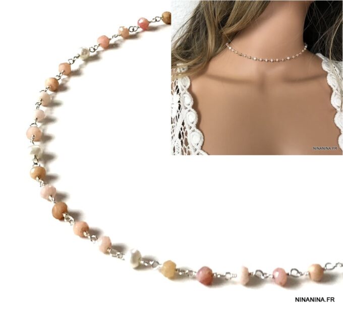N7276 Collier pierre rose pale infini Argent ras de cou - Bijoux Colliers en ligne Ninanina