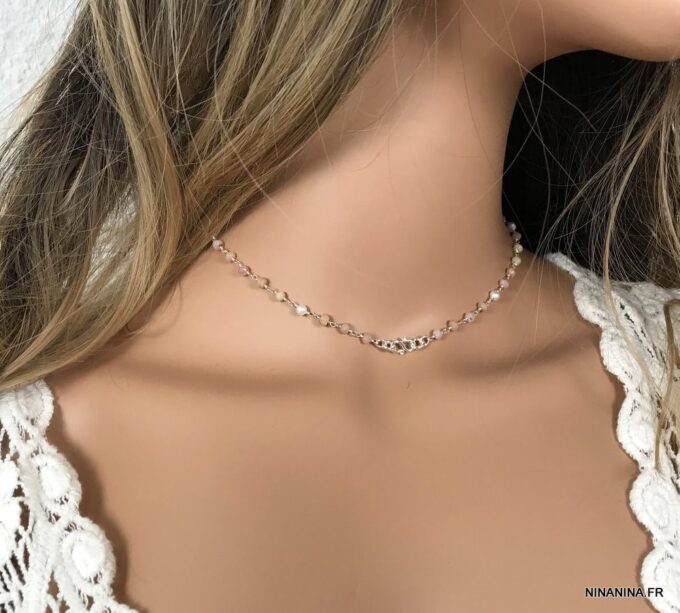 N7276a Collier pierre rose pale infini Argent ras de cou - Bijoux Colliers en ligne Ninanina