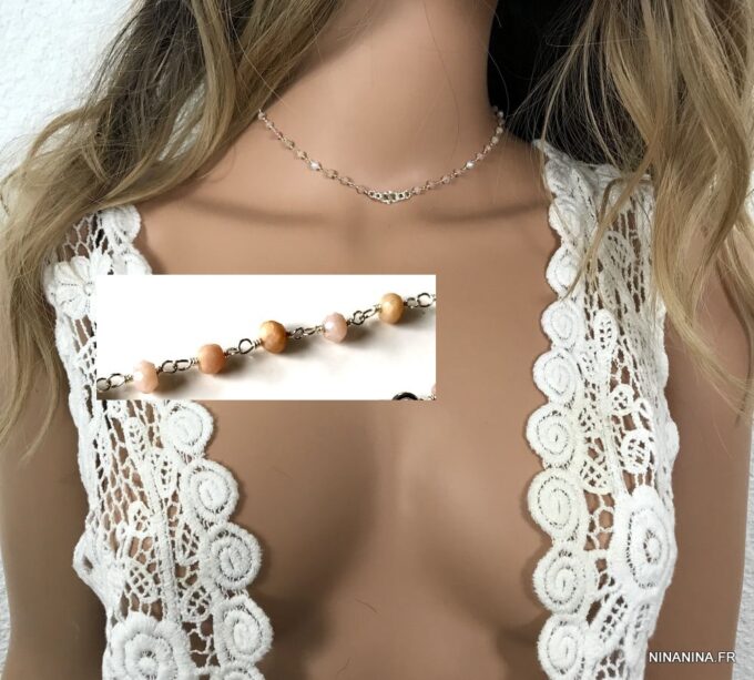 N7276c Collier pierre rose pale infini Argent ras de cou - Bijoux Colliers en ligne Ninanina