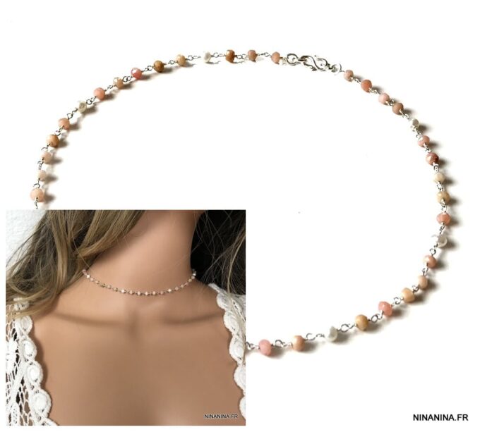 N7276e Collier pierre rose pale infini Argent ras de cou - Bijoux Colliers en ligne Ninanina