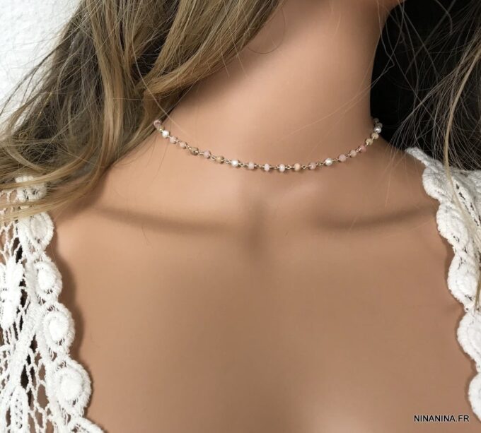 N7276f Collier pierre rose pale infini Argent ras de cou - Bijoux Colliers en ligne Ninanina