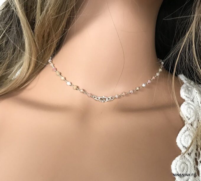 N7276h Collier pierre rose pale infini Argent ras de cou - Bijoux Colliers en ligne Ninanina