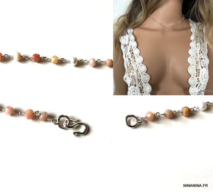 N7276i Collier pierre rose pale infini Argent ras de cou - Bijoux Colliers en ligne Ninanina