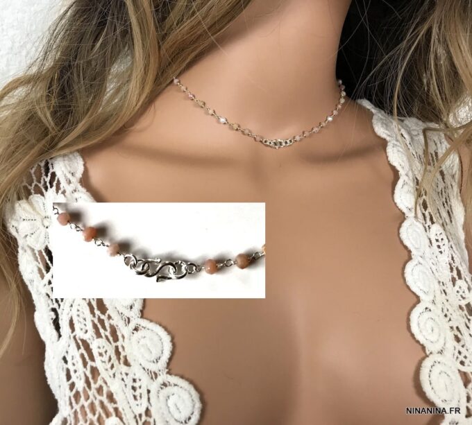 N7276n Collier pierre rose pale infini Argent ras de cou - Bijoux Colliers en ligne Ninanina