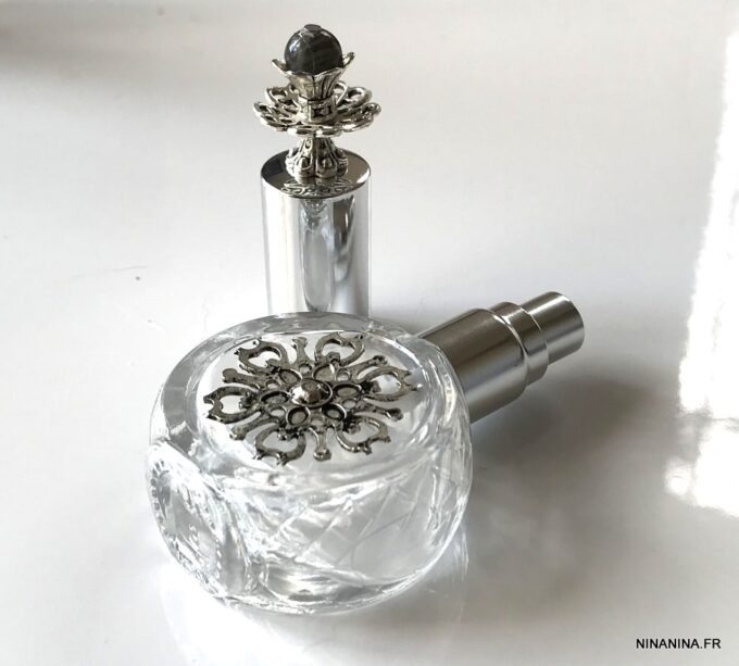 N7279 Flacon de parfum de poche rond verre métal argent labradorite - Accessoires bouteilles parfums en ligne Ninanina