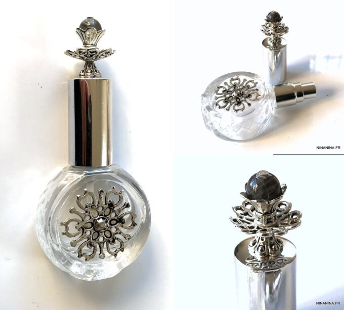 N7279a Flacon de parfum de poche rond verre métal argent labradorite - Accessoires bouteilles parfums en ligne Ninanina