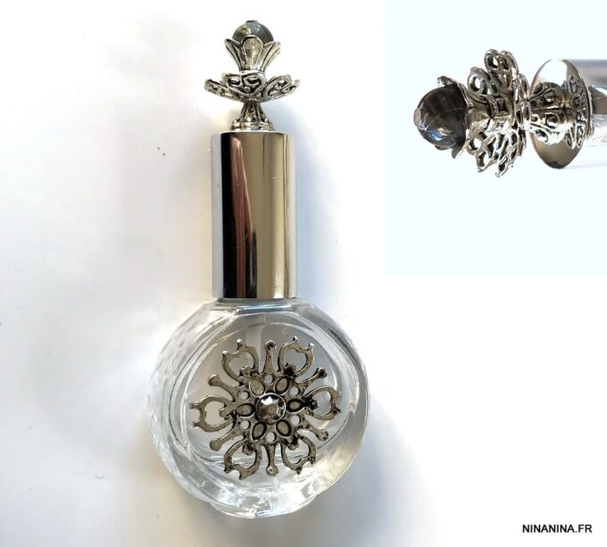 N7279b Flacon de parfum de poche rond verre métal argent labradorite - Accessoires bouteilles parfums en ligne Ninanina