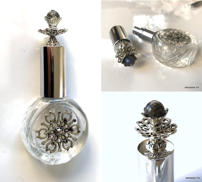 N7279e Flacon de parfum de poche rond verre métal argent labradorite - Accessoires bouteilles parfums en ligne Ninanina