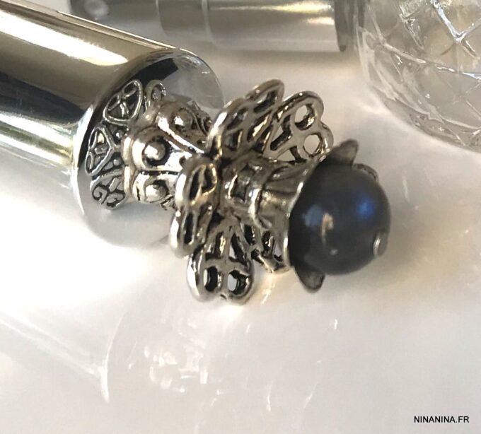 N7279H Flacon de parfum de poche rond verre métal argent labradorite - Accessoires bouteilles parfums en ligne Ninanina