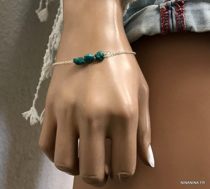 N7282 Bracelet pierre Turquoise véritable et argent 925 femme - Bijoux Bracelets en ligne Ninanina
