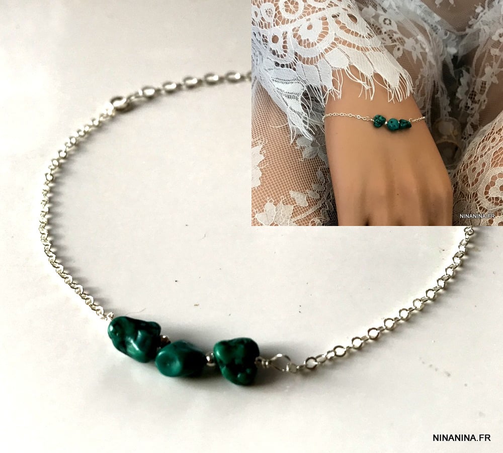 Bracelet élastique argent massif 925 et pierres de turquoise - Perle de Jade