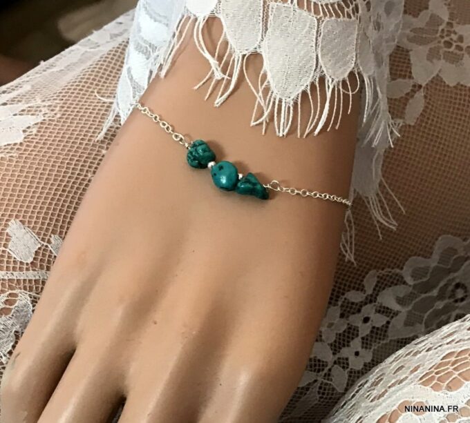 N7282e Bracelet pierre Turquoise véritable et argent 925 femme - Bijoux Bracelets en ligne Ninanina
