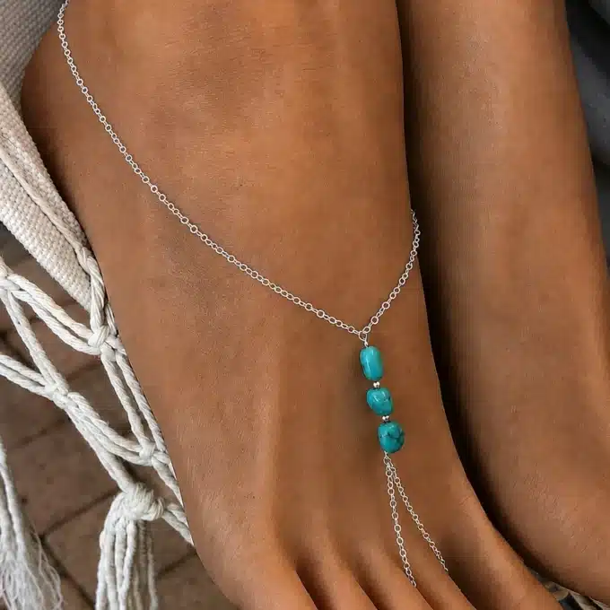 N7284a Chaine de pied Turquoise veritable et Argent 925 - Bijoux de pieds femmes enligne Ninanina