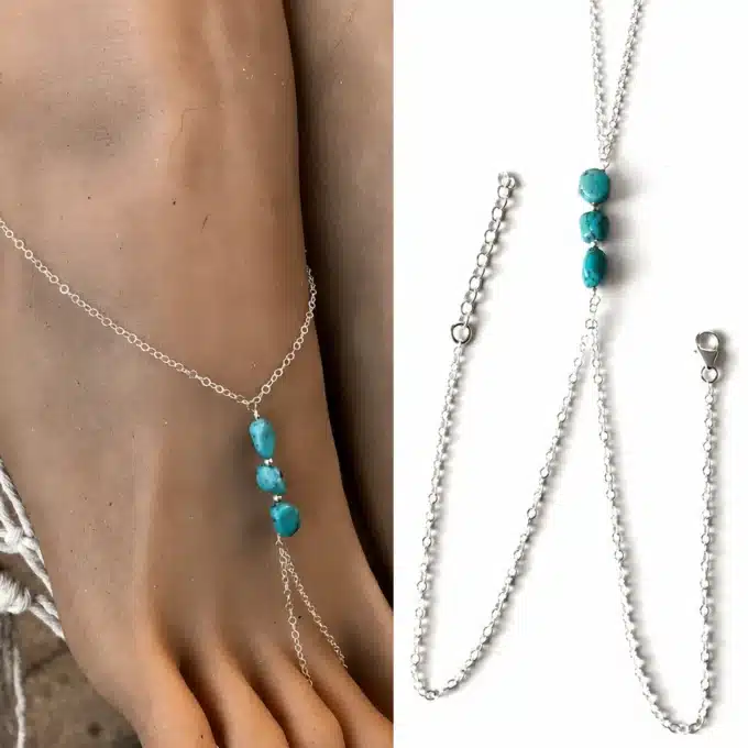 N7284c Chaine de pied Turquoise veritable et Argent 925 - Bijoux de pieds femmes enligne Ninanina
