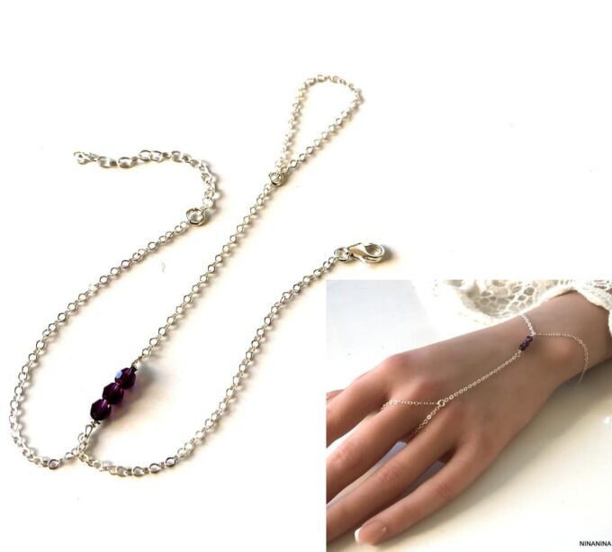 N7286a Bracelet bague cristal Swarovski rose - Chaine main argent - Bijoux Bagues en ligne Ninanina