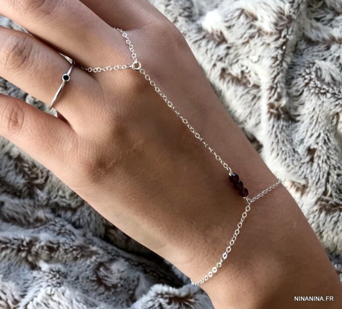 N7286b Bracelet bague cristal Swarovski rose - Chaine main argent - Bijoux Bagues en ligne Ninanina
