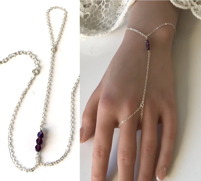 N7286c Bracelet bague cristal Swarovski rose - Chaine main argent - Bijoux Bagues en ligne Ninanina