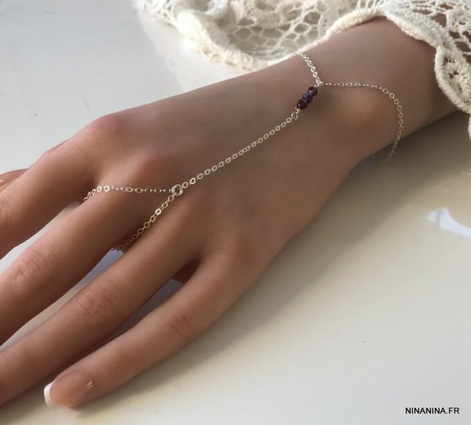 N7286d Bracelet bague cristal Swarovski rose - Chaine main argent - Bijoux Bagues en ligne Ninanina