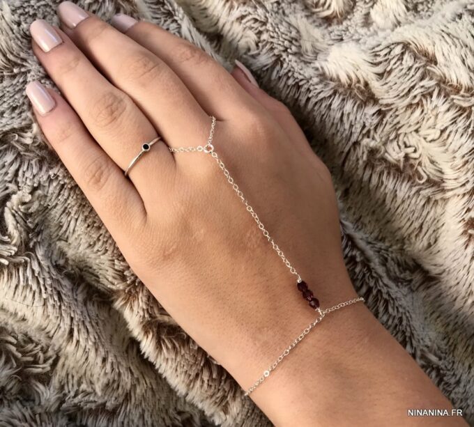 N7286f Bracelet bague cristal Swarovski rose - Chaine main argent - Bijoux Bagues en ligne Ninanina