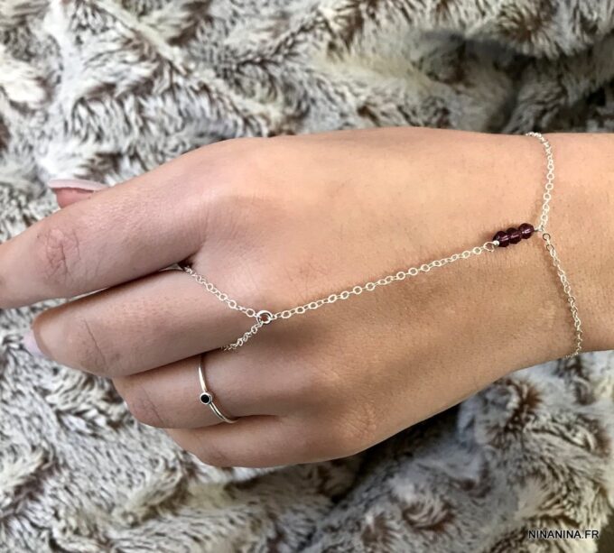 N7286g Bracelet bague cristal Swarovski rose - Chaine main argent - Bijoux Bagues en ligne Ninanina