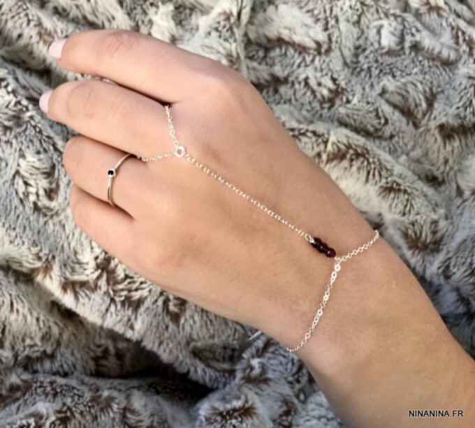 N7286h Bracelet bague cristal Swarovski rose - Chaine main argent - Bijoux Bagues en ligne Ninanina