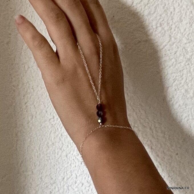 N7286j Bracelet bague cristal Swarovski rose - Chaine main argent - Bijoux Bagues en ligne Ninanina