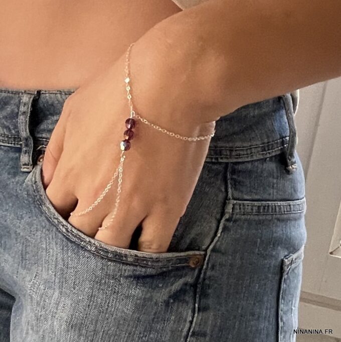N7286k Bracelet bague cristal Swarovski rose - Chaine main argent - Bijoux Bagues en ligne Ninanina