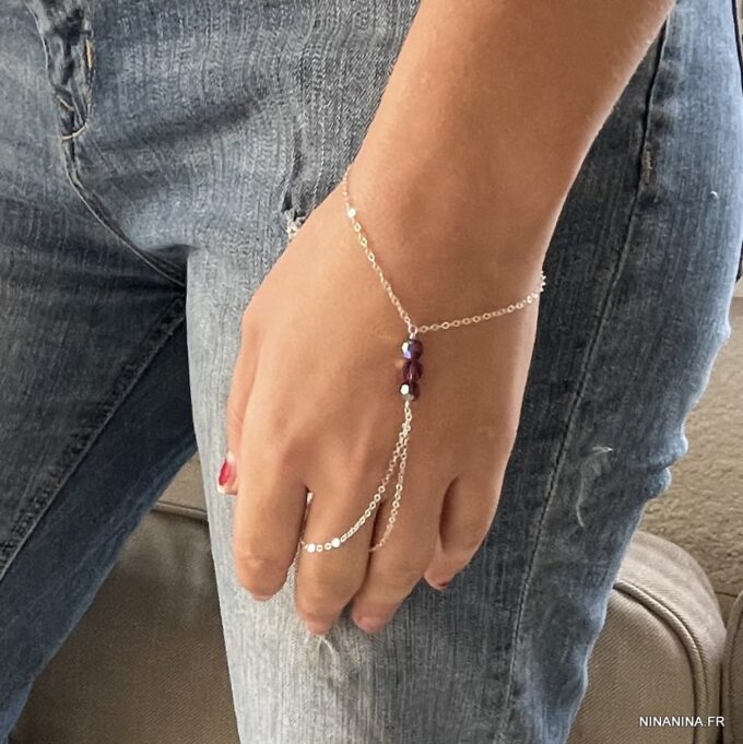 N7286l Bracelet bague cristal Swarovski rose - Chaine main argent - Bijoux Bagues en ligne Ninanina