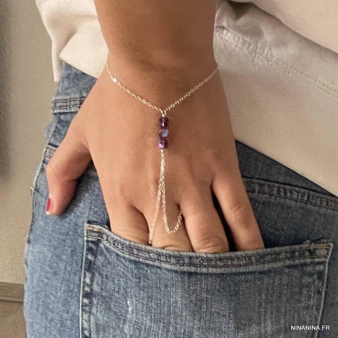 N7286m Bracelet bague cristal Swarovski rose - Chaine main argent - Bijoux Bagues en ligne Ninanina