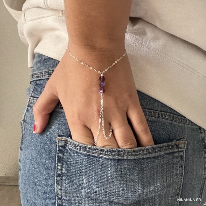 N7286n Bracelet bague cristal Swarovski rose - Chaine main argent - Bijoux Bagues en ligne Ninanina
