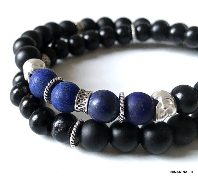 N7297a Bracelet tête de mort homme argent pierres naturelles - Bijoux Bracelets en ligne Ninanina