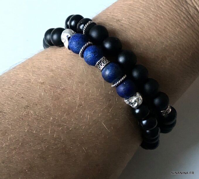 N7297b Bracelet tête de mort homme argent pierres naturelles - Bijoux Bracelets en ligne Ninanina