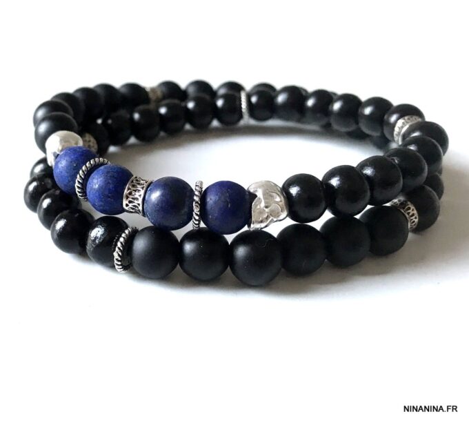 N7297c Bracelet tête de mort homme argent pierres naturelles - Bijoux Bracelets en ligne Ninanina