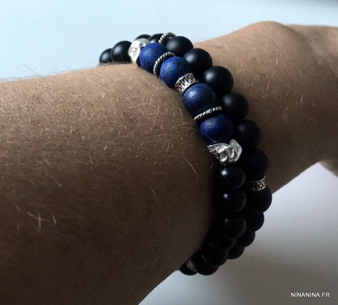 N7297d Bracelet tête de mort homme argent pierres naturelles - Bijoux Bracelets en ligne Ninanina