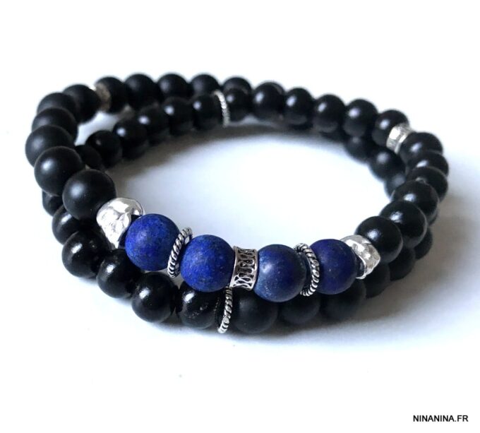 N7297e Bracelet tête de mort homme argent pierres naturelles - Bijoux Bracelets en ligne Ninanina