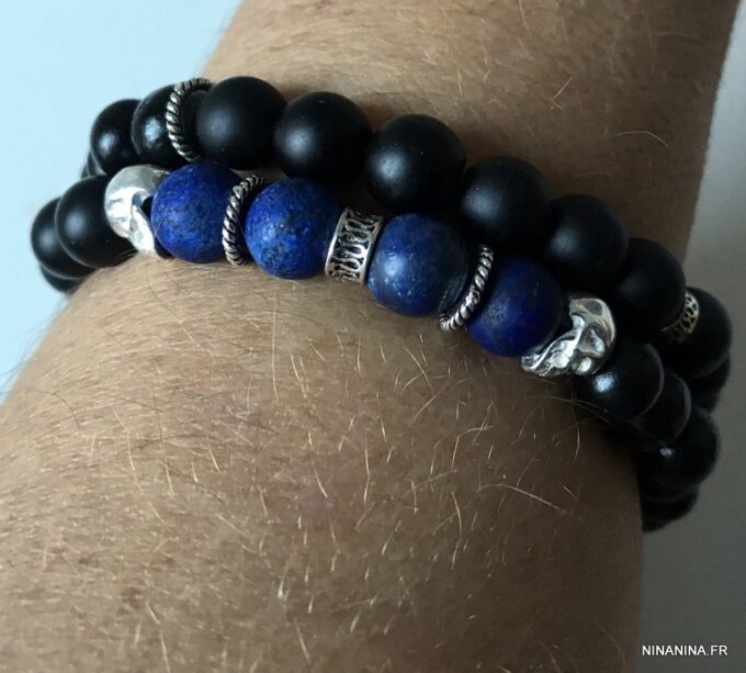 N7297f Bracelet tête de mort homme argent pierres naturelles - Bijoux Bracelets en ligne Ninanina