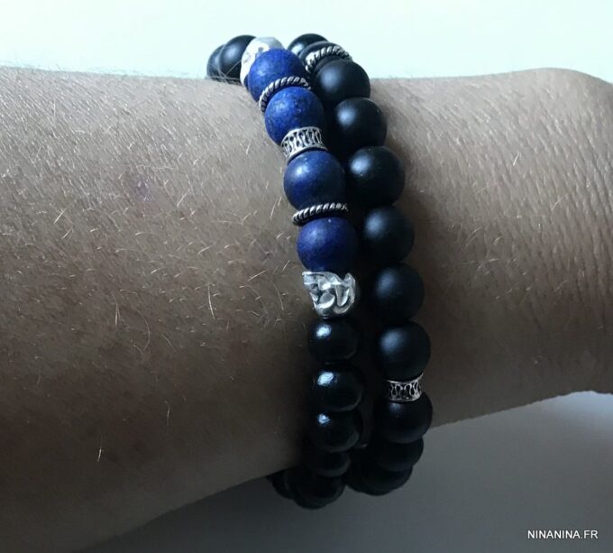 N7297h Bracelet tête de mort homme argent pierres naturelles - Bijoux Bracelets en ligne Ninanina