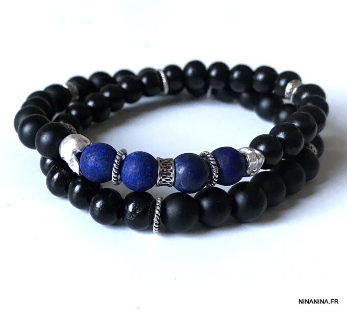 N7297i Bracelet tête de mort homme argent pierres naturelles - Bijoux Bracelets en ligne Ninanina