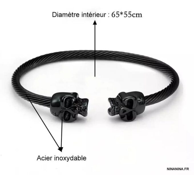 N7289a Bracelet tete de mort noir jonc homme acier inoxydable - Bijoux Bracelets en ligne Ninanina