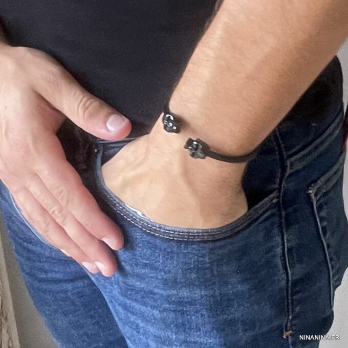 N7291g Bracelet tete de mort noir jonc homme acier inoxydable - Bijoux Bracelets en ligne Ninanina