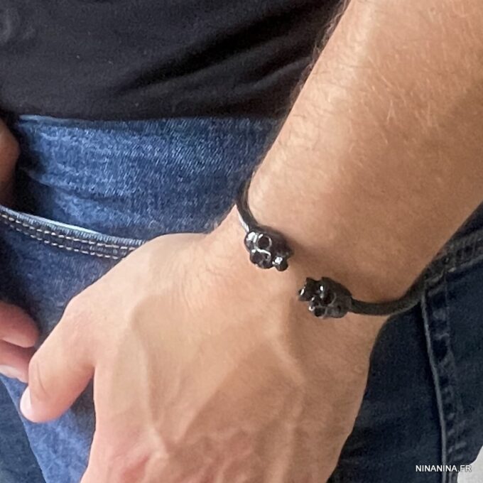 N7291i Bracelet tete de mort noir jonc homme acier inoxydable - Bijoux Bracelets en ligne Ninanina