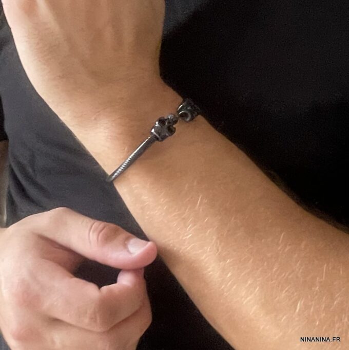 N7291j Bracelet tete de mort noir jonc homme acier inoxydable - Bijoux Bracelets en ligne Ninanina