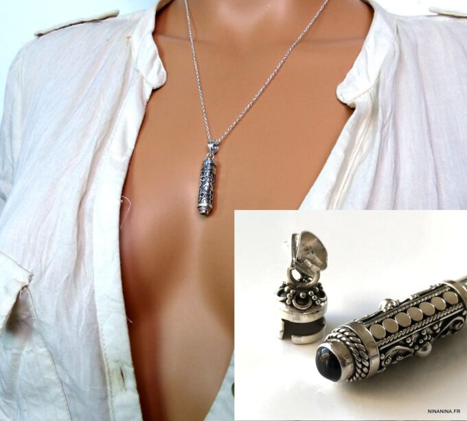 N7305d Bijou funeraire Collier urne Argent 925 Et Onyx noir - Bijoux funeraires en ligne Ninanina