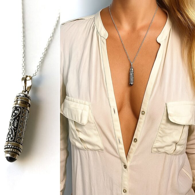 N7306 Collier urne funeraire artisanal pendentif Argent 925 Et pierre Onyx noir véritable - Bijoux funeraires en ligne Ninanina