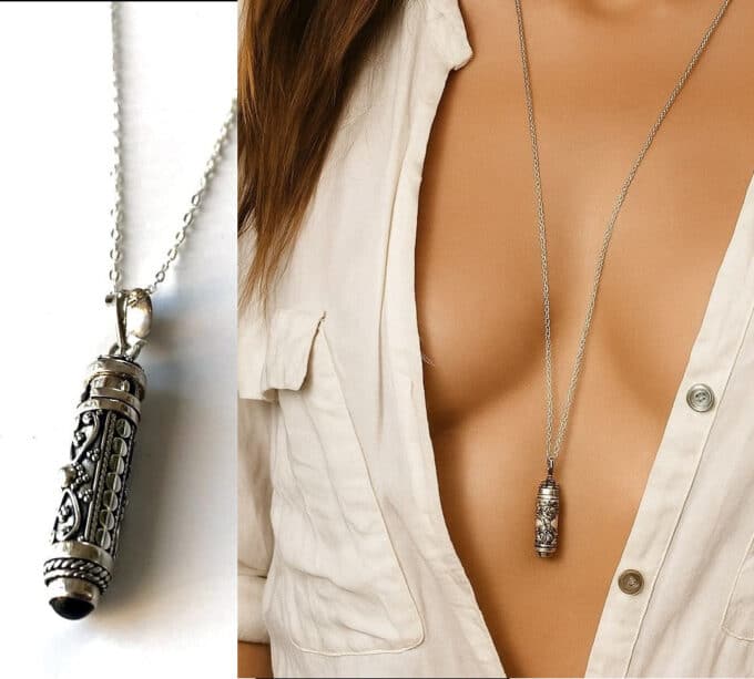 N7306b Collier urne funeraire artisanal pendentif Argent 925 Et pierre Onyx noir véritable - Bijoux funeraires en ligne Ninanina