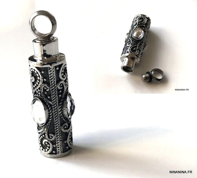 N7323b Pendentif Fiole vide Acier inoxydable argenté pour parfum - Bijoux Parfumeurs en ligne Ninanina