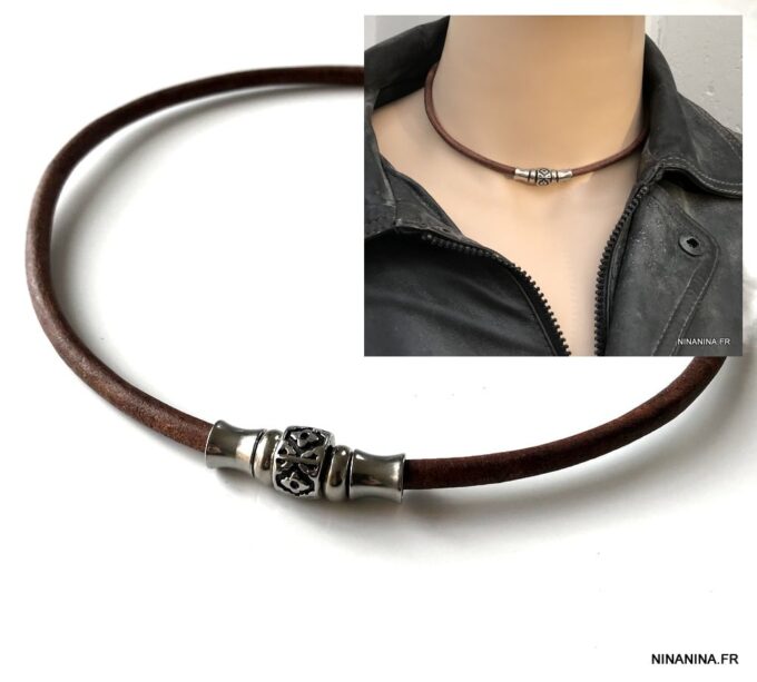 N7328 Collier ras de cou cuir homme acier inoxydable argenté - Bijoux Colliers en ligne Ninanina