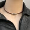 N7328a Collier ras de cou cuir homme acier inoxydable argenté - Bijoux Colliers en ligne Ninanina
