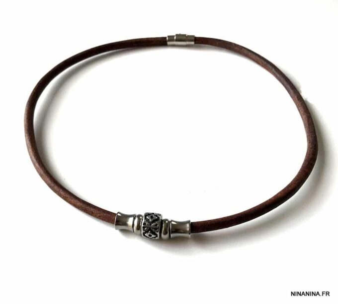 N7328b Collier ras de cou cuir homme acier inoxydable argenté - Bijoux Colliers en ligne Ninanina