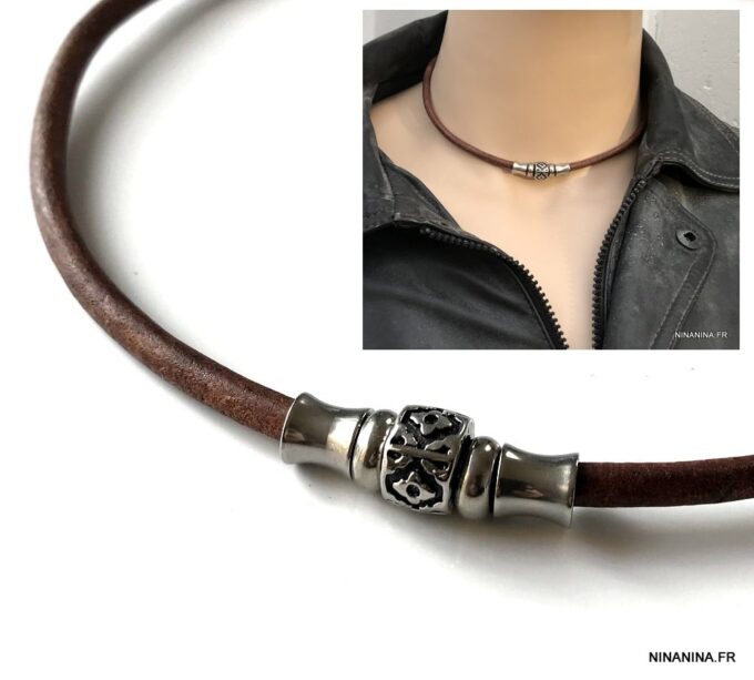 N7328c Collier ras de cou cuir homme acier inoxydable argenté - Bijoux Colliers en ligne Ninanina